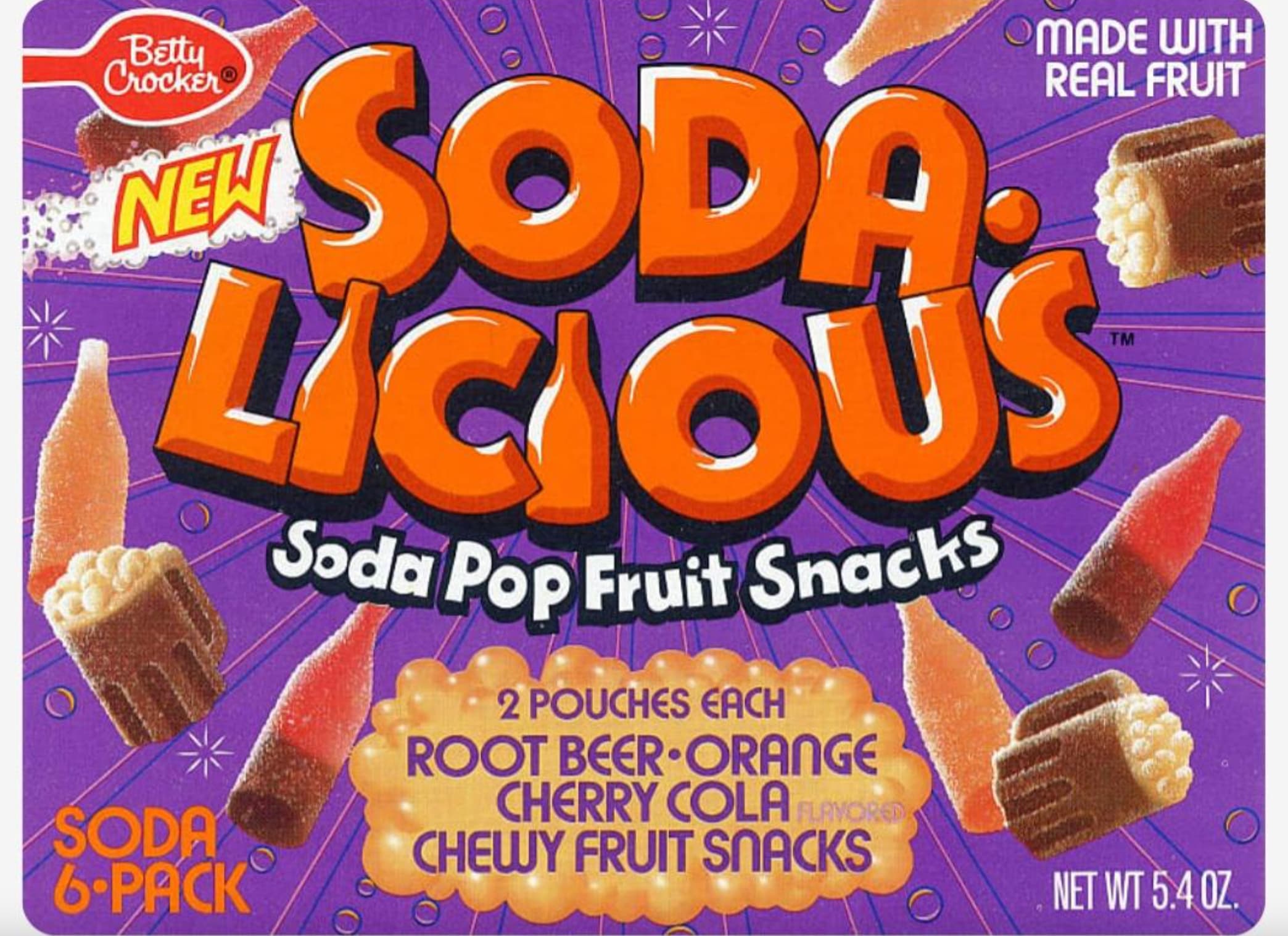 sodalicious fruit snacks - Betty Crocker New Made With Real Fruit Soda Licious Soda 6Pack Soda Pop Fruit Snacks 2 Pouches Each Root BeerOrange Cherry Cola Flavored Chewy Fruit Snacks Tm Net Wt 5.4 Oz.